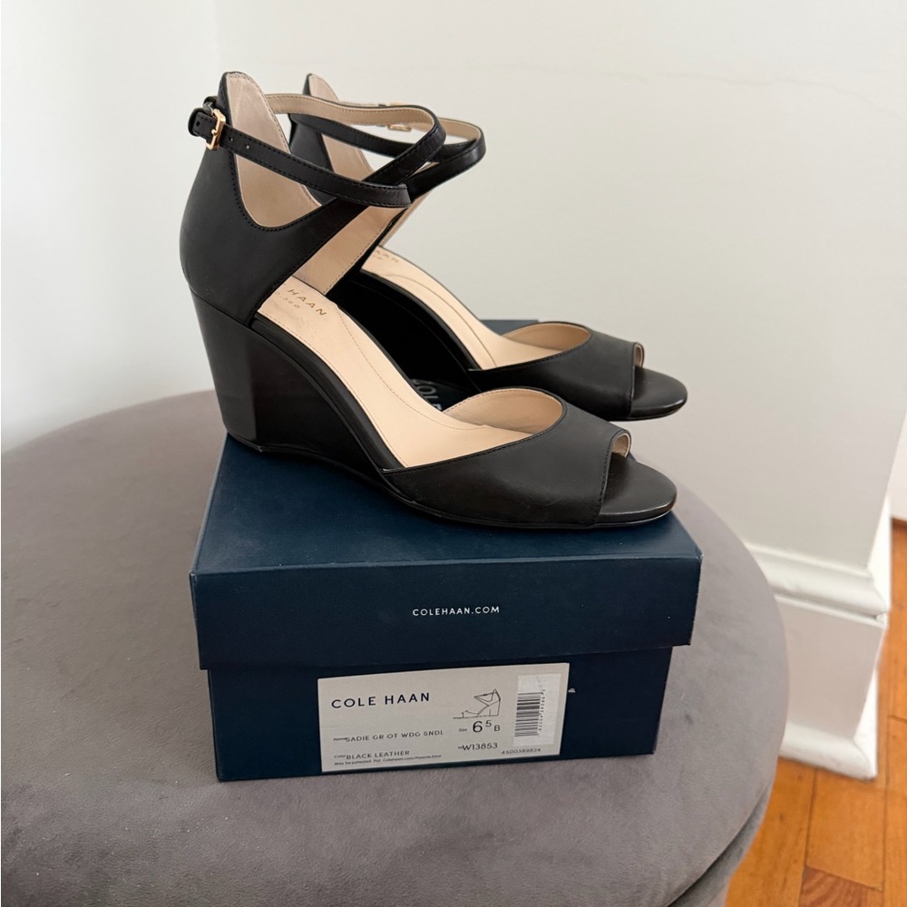Cole Haan Black Leather Open-Toe Ankle-Strap Heels - Picture 3 of 5